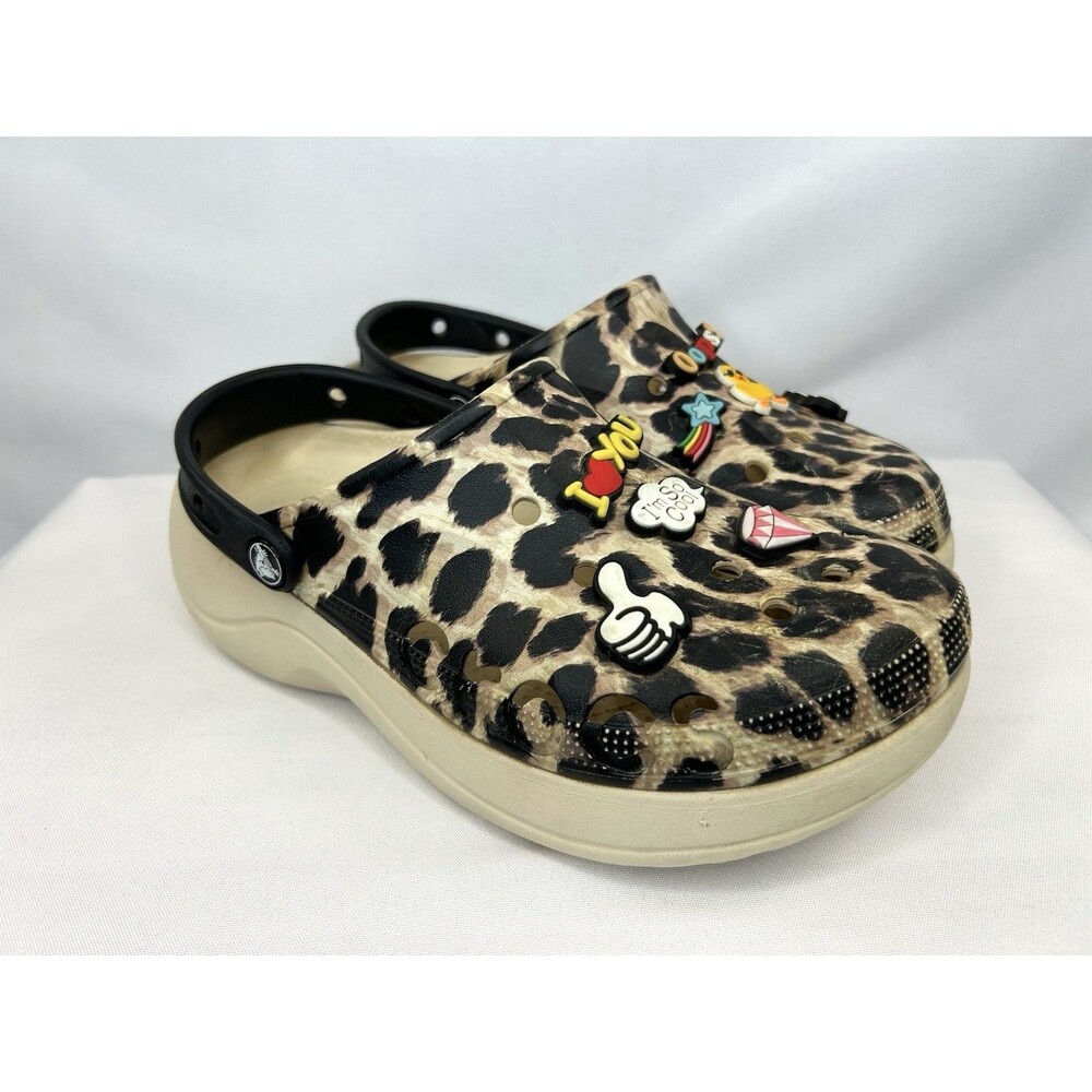 Crocs Women’s Baya Platform Clogs Leopard Cheetah Print Size 10 With Charms